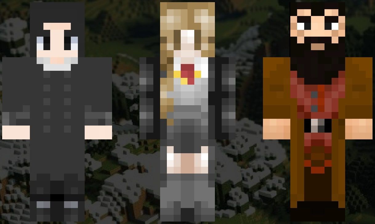 Una imagen que muestra las pieles de Minecraft de Snape, Hermione Granger y Hagrid