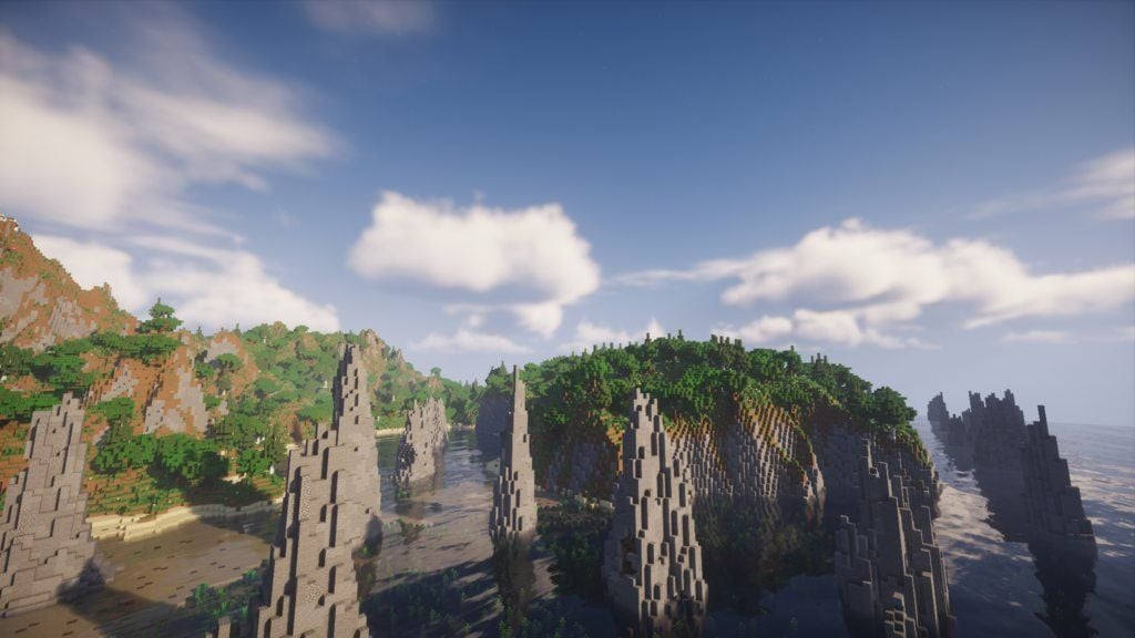 A screenshot showing one of the maps custom biomes, with unique stone spikes and dense jungle