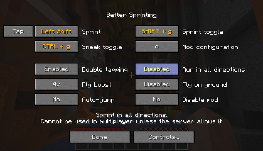 Una captura de pantalla que muestra el menú de modificación en el juego para la modificación
