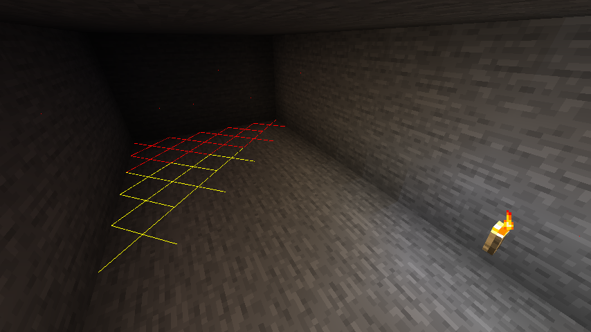 Una captura de pantalla del juego que muestra el módulo en acción con una linterna iluminando una cueva, en la distancia hay líneas rojas y amarillas que reflejan el nivel de luz y si las turbas pueden aparecer o no.
